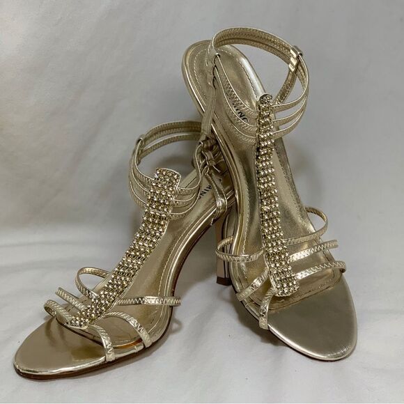 🆕 Gold Strappy Sandals Heels Women's 10 Rhinestones Dressy Evening Formal Party - Picture 1 of 13